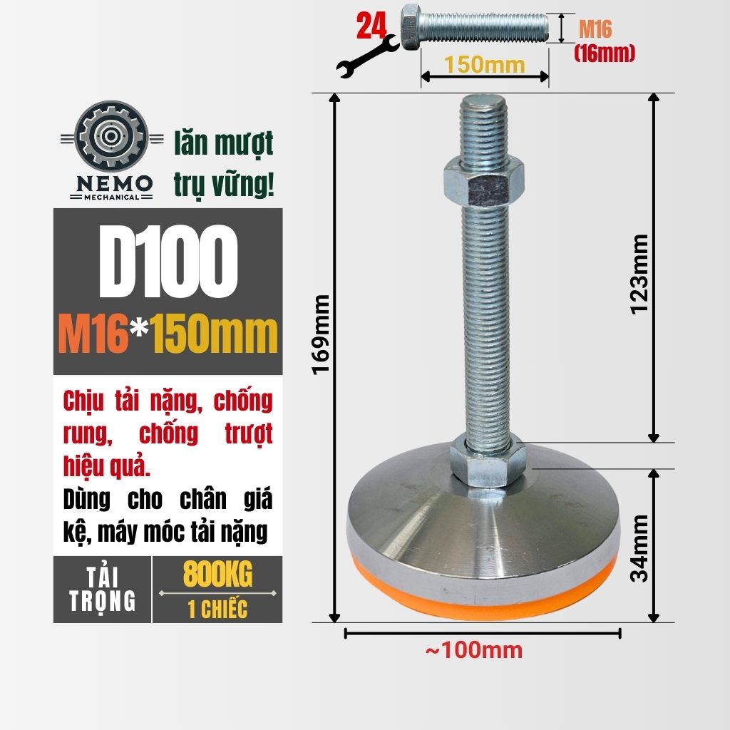 Chân Tăng Chỉnh Chịu Tải Siêu Nặng – Hệ Bulong M16/M20, Chịu Tải 3 Tấn (Bát Thép Mạ Crom)